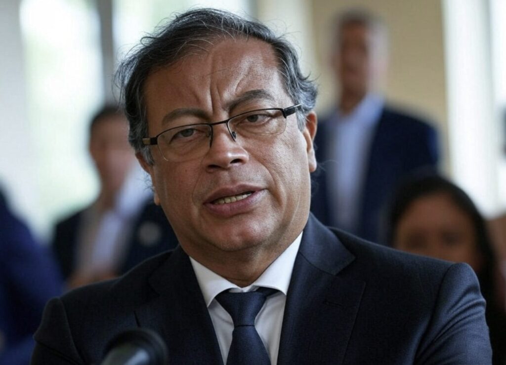 Colombian President Gustavo Petro addressing the press, looking defiant