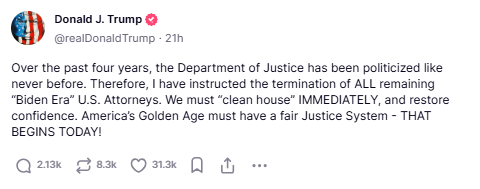 trump announces terminating all remaining biden era attorneys on truth social