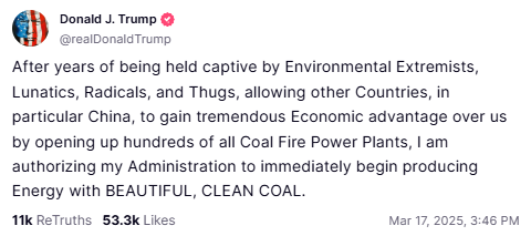 truthsocial announcement on authorizing energy production with coal