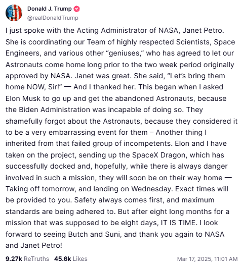 truthsocial statement on bringing stranded nasa astronauts home