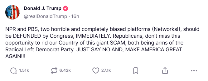 truthsocial statement on npr and pbs defunding