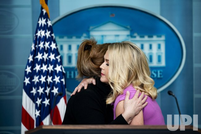 karoline leavitt hugs patty morin in white house briefing
