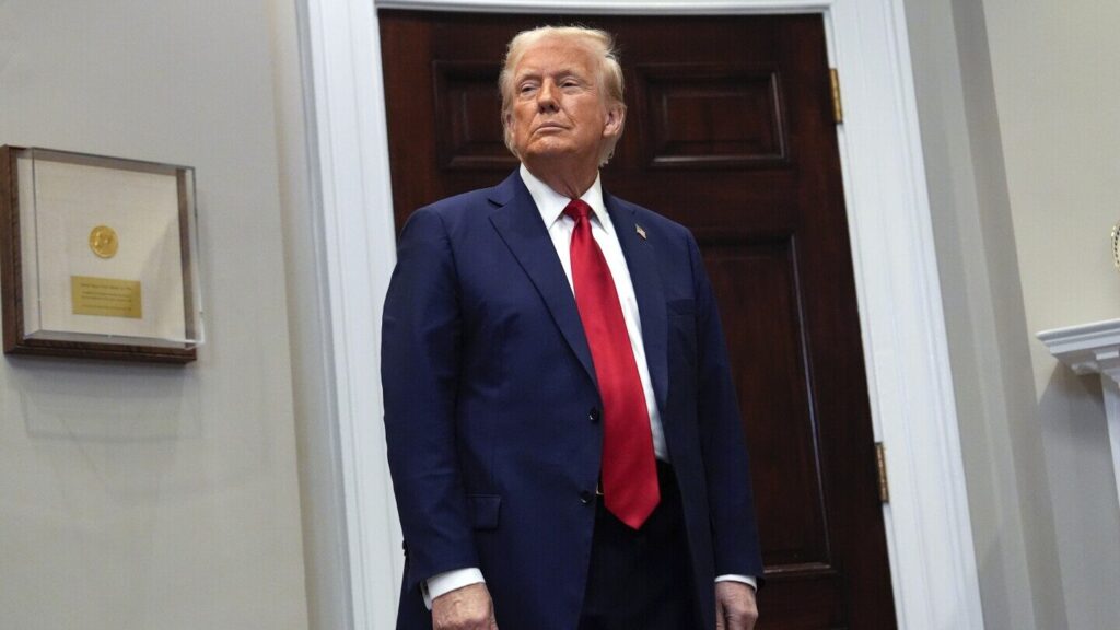 President Donald Trump listens in the Roosevelt Room at the White House