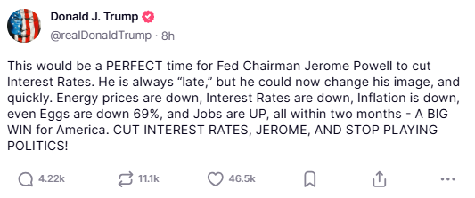 trumps truthsocial statement for powell to cut interest rates