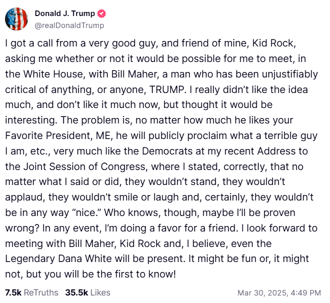 truthsocial statement on bill maher meeting