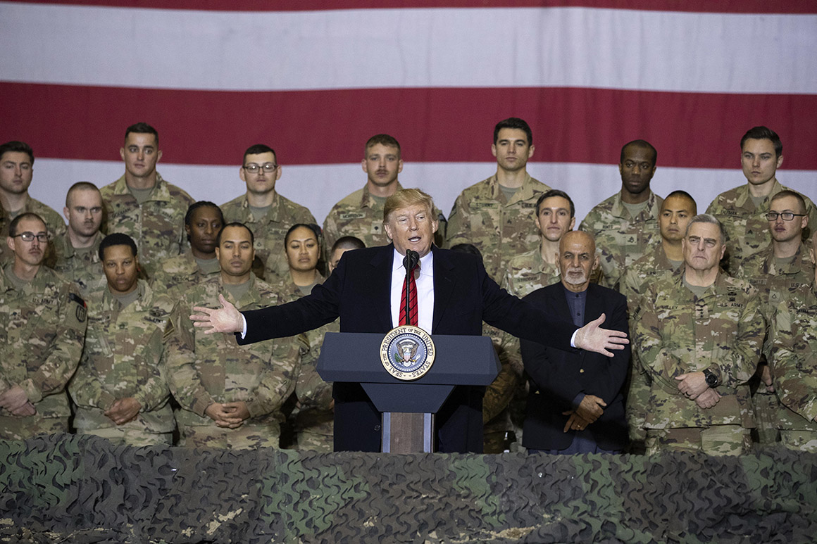 President Trump addressing troops at a military base