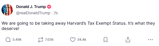 truthsocial announcement on harvards tax status