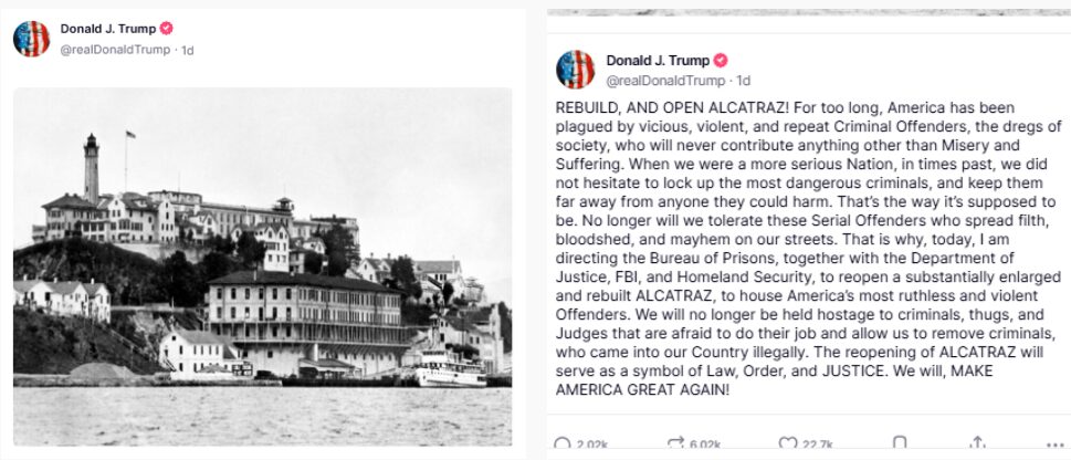 trump truthsocial announcement on alcatraz