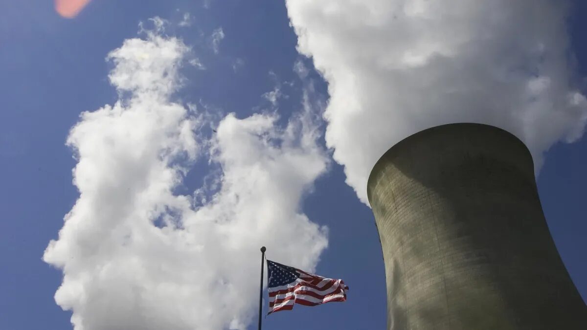 nuclear power plant with american flag