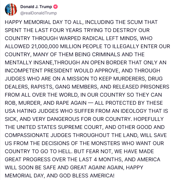 trumps truthsocial statement on memorial day screenshot
