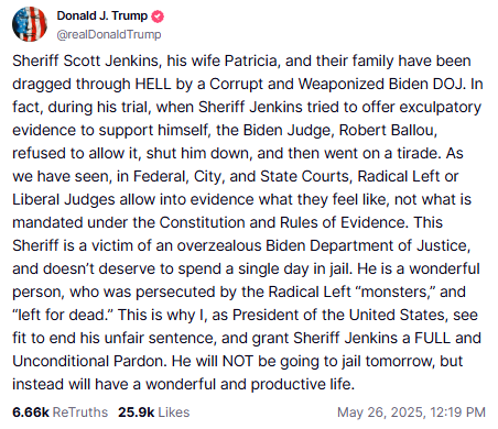 trumps statement on scott jenkins pardon truthsocial screenshot
