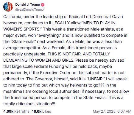 trump truthsocial warning to newsom screenshot