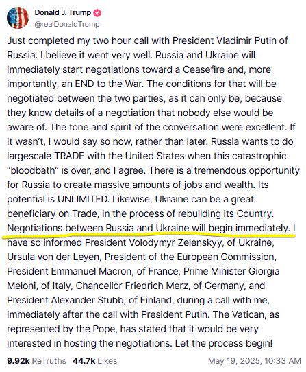trumps truthsocial announcement on russia, ukraine peace talks