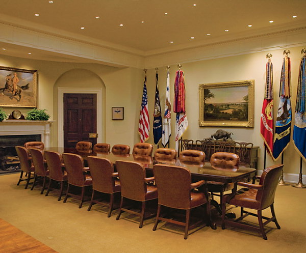 White House Roosevelt Room with flags and staff
