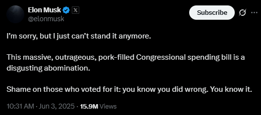elon musk x post on trumps tax bill screenshot