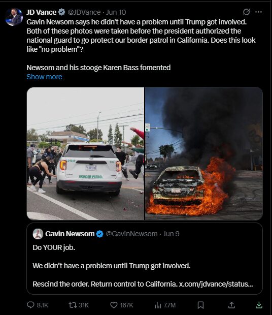 x screenshot of jd vance's response to governor newsom's tweet