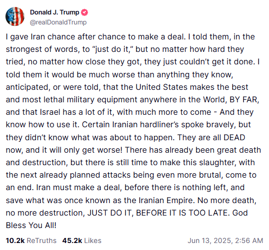 trumps truhtsocila statement on iran and israel screenshot