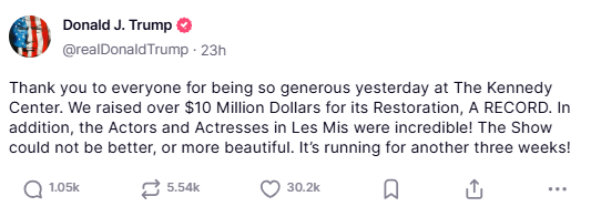 trumps truthsocial post on the kennedy center gala screenshot