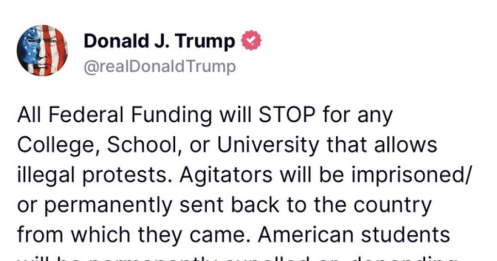 trump truthsocial post on harvard funding and deporting illegal protesters screenshot