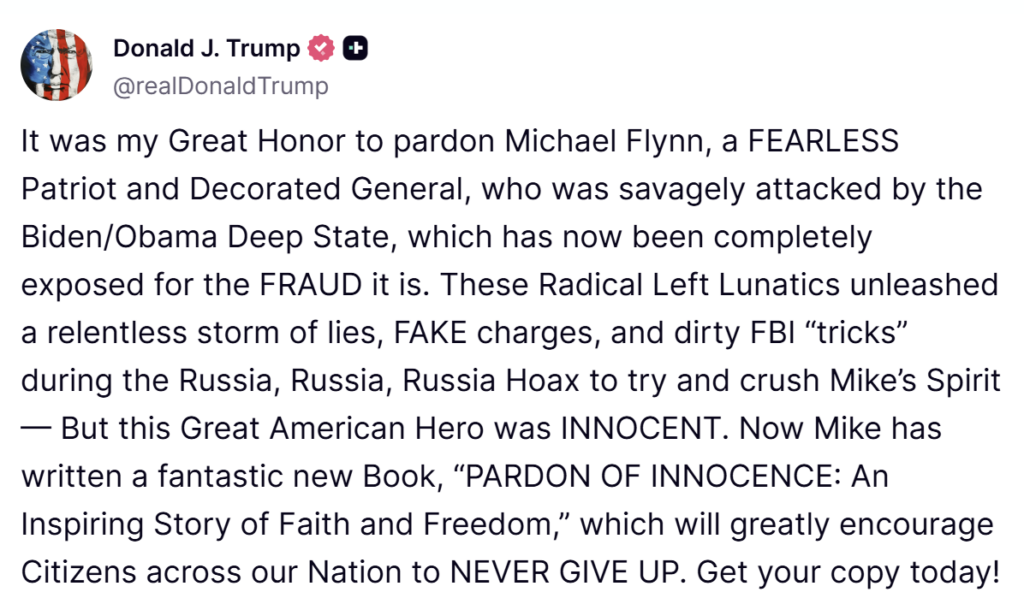 screenshot of trumps truthsocial post on michael flynn