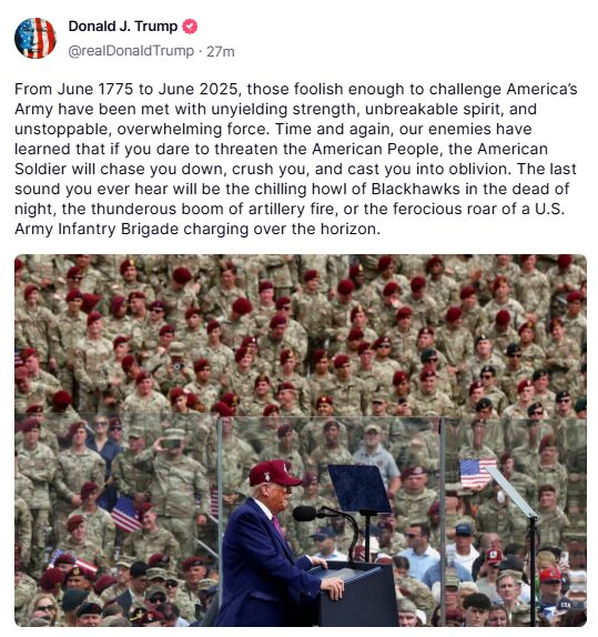 trump's truth social post on his fort bragg speech screenshot