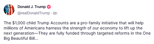 trump's truth social post regarding the $1k child accounts screenshot