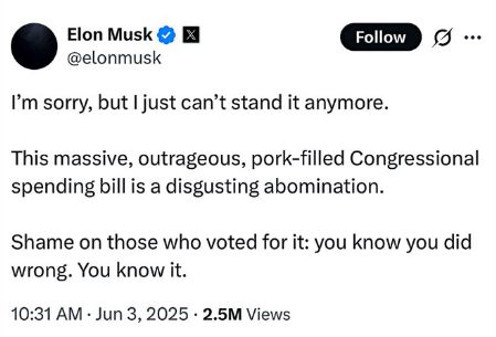 musk's criticism on the spending bill on x screenshot