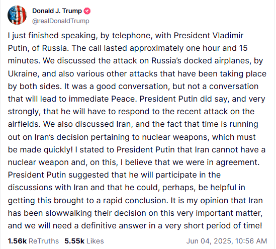 trumps truth social announcement regarding his call with vladimir putin