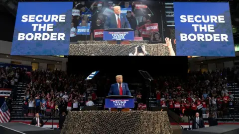 Supreme Court building with Trump flags and "Secure Our Borders" signs
