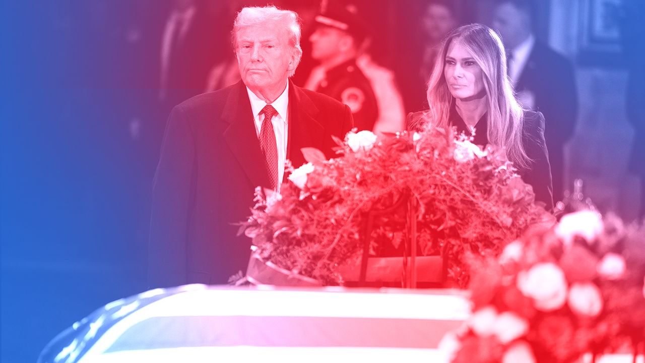 President Trump waving while leaving the Washington National Cathedral, with Secret Service and supporters around him