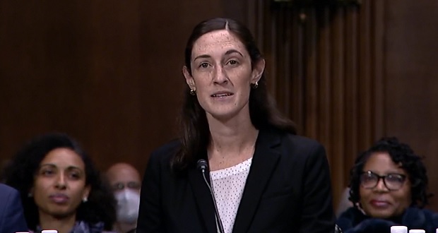 Judge Julia Kobick in her courtroom in Massachusetts