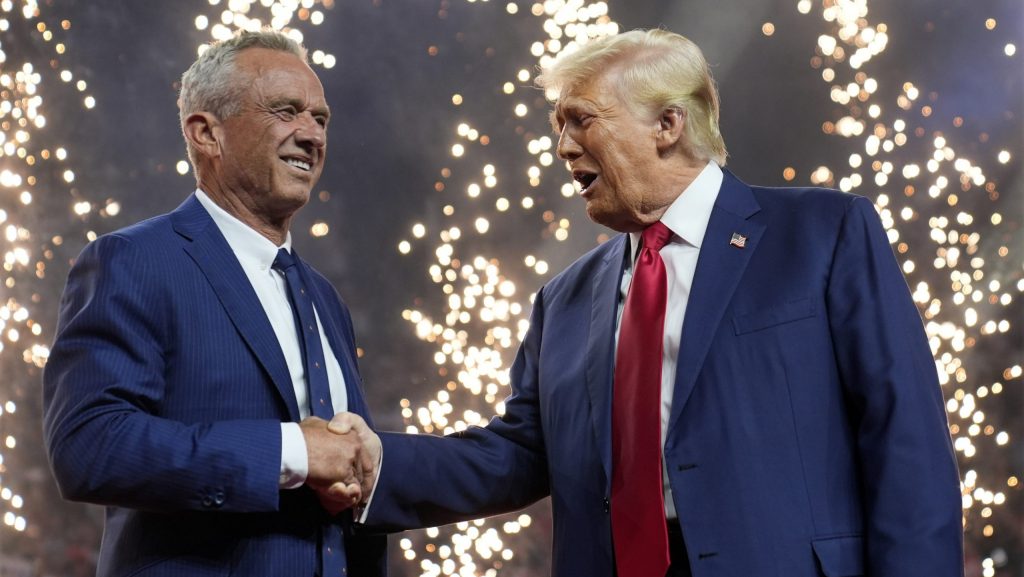 Donald Trump shaking hands at a rally