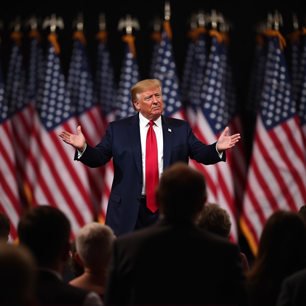 Donald Trump standing at podium with American flags behind him