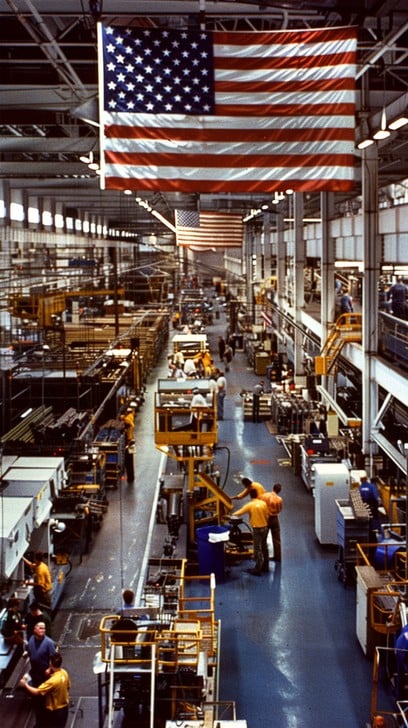 american factories with american flags flying