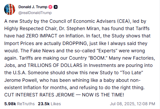 truthsocial screenshot inflation tariffs