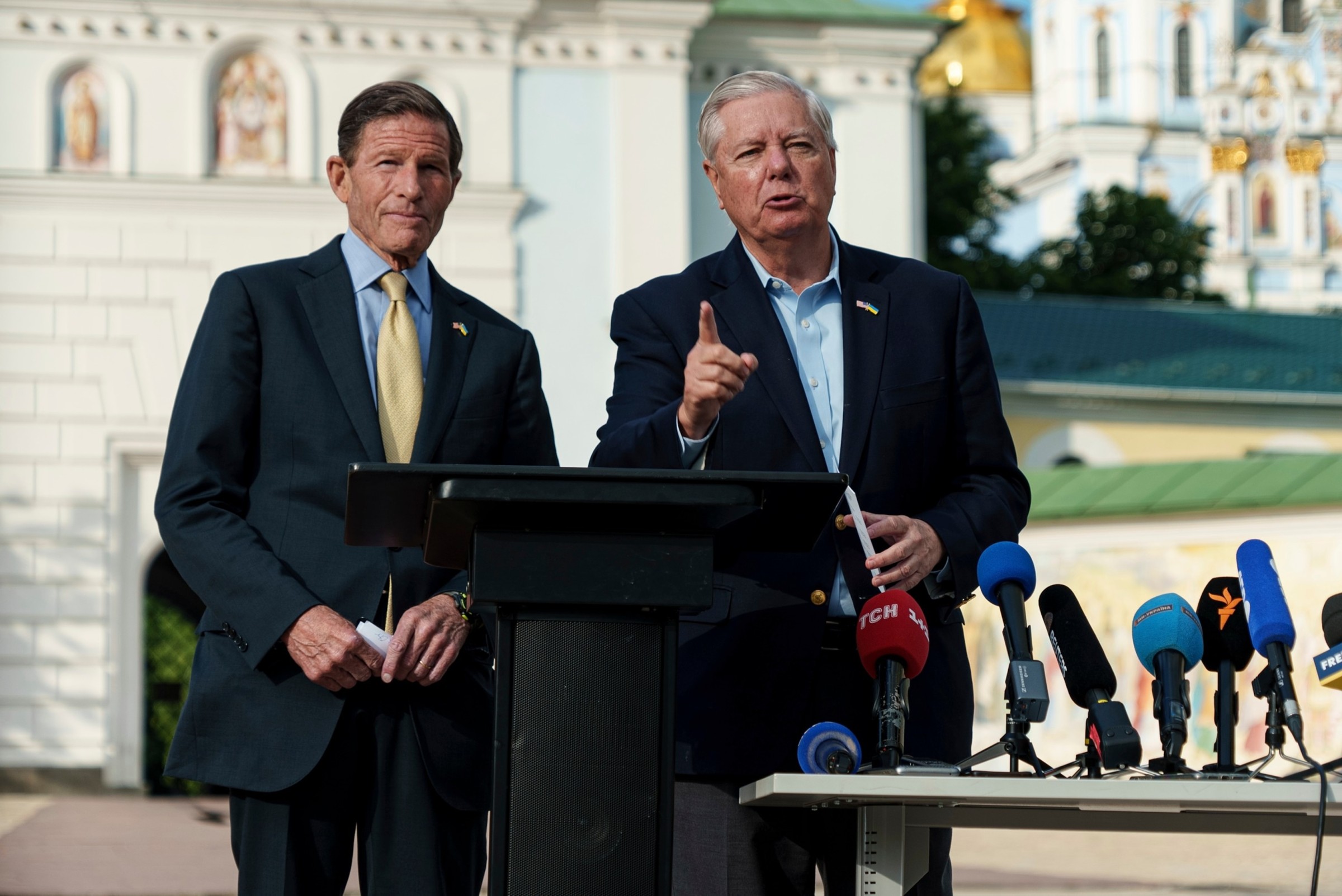 Senators Lindsey Graham and Richard Blumenthal speaking to reporters together at the Capitol