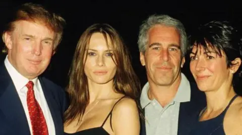 photograph of donald and melania trump, maxwell and epstein