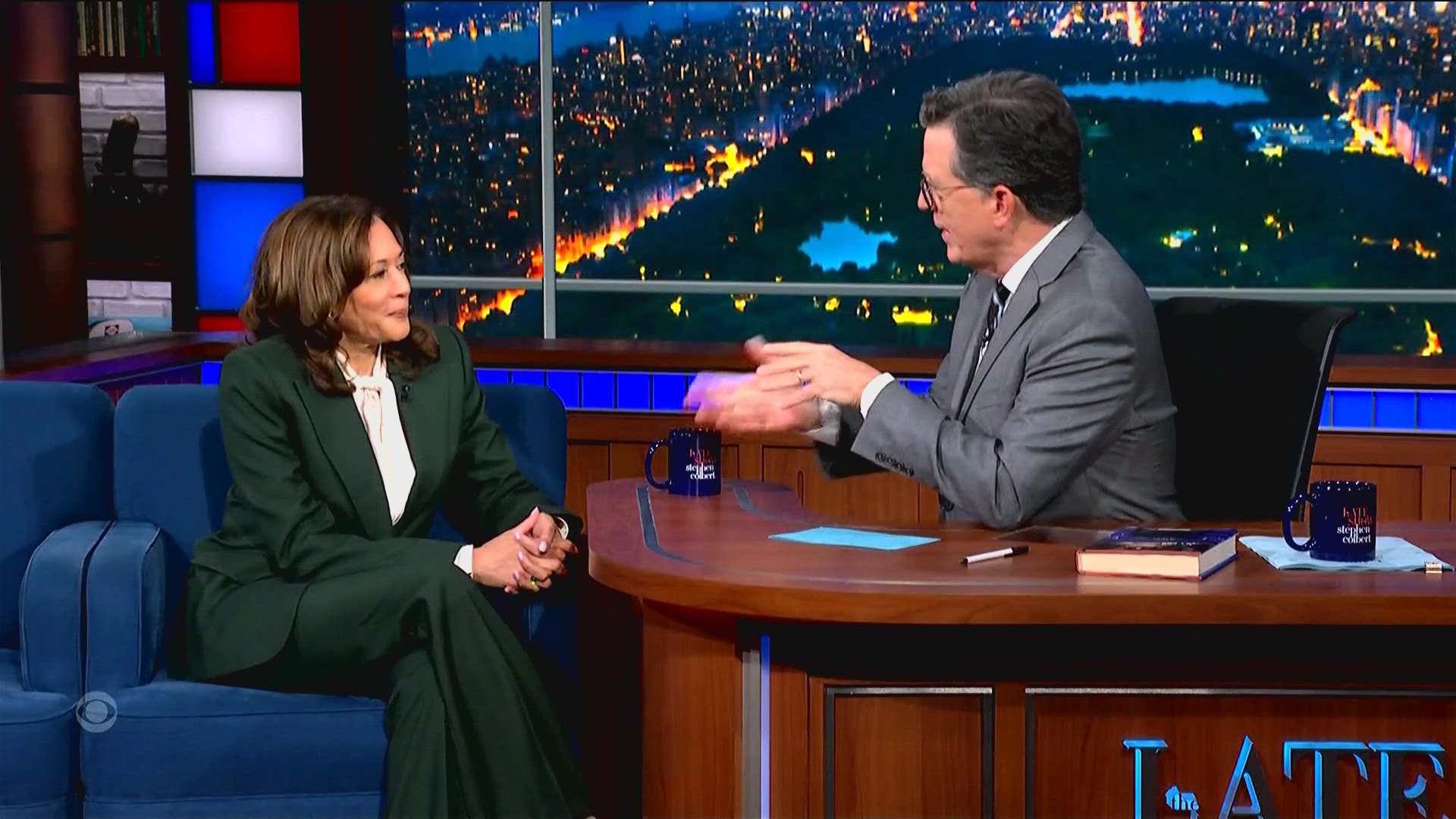 Stephen Colbert on The Late Show set with kamala harris