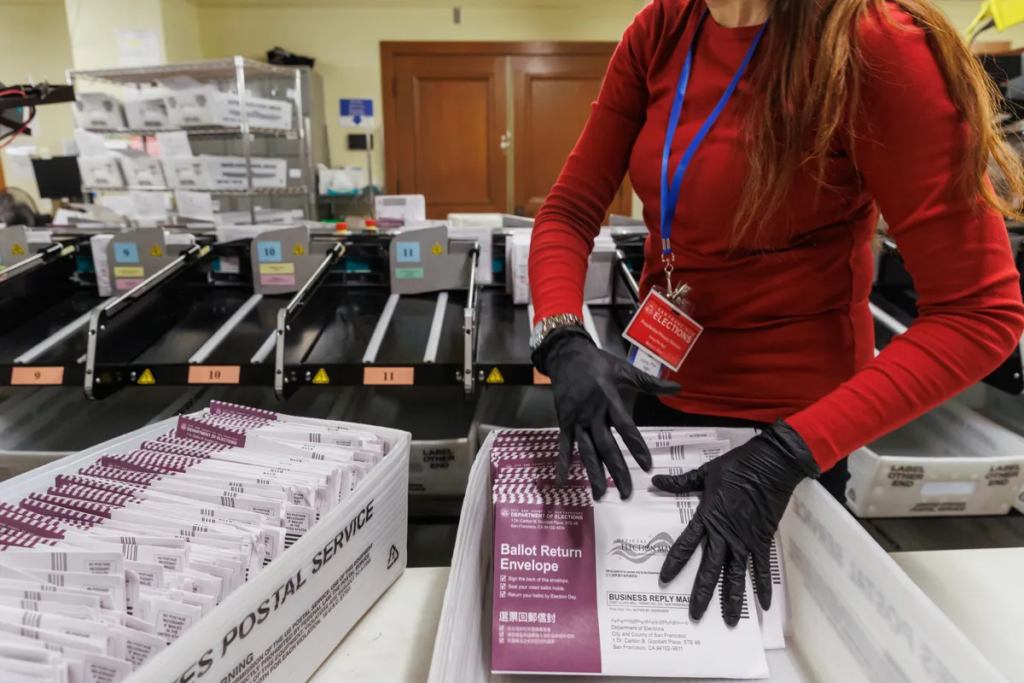 boxes of ballot return envelopes in california