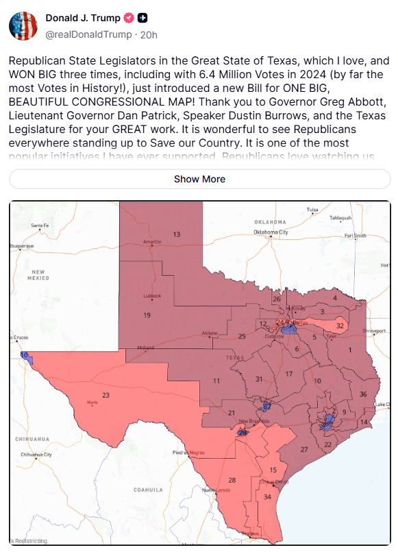 screenshot of donald trump's truthoscial post on the texas map