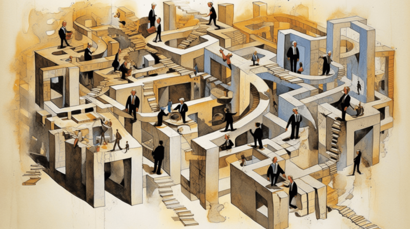 A symbolic image depicting a complex web of bureaucratic agencies, perhaps with gears or intertwined lines, subtly suggesting the administrative state being challenged or untangled. No people.
