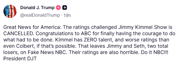 truthsocial screenshot on kimmel