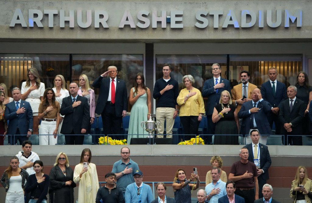 donald trump saluting during national anthem at 2025 us open