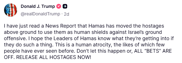 truthsocial screenshot hamas hostages