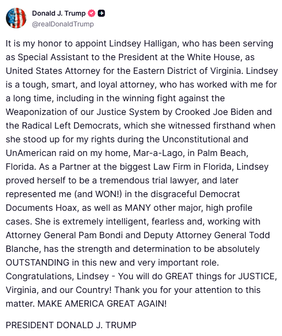truthsocial screenshot lindsey halligan