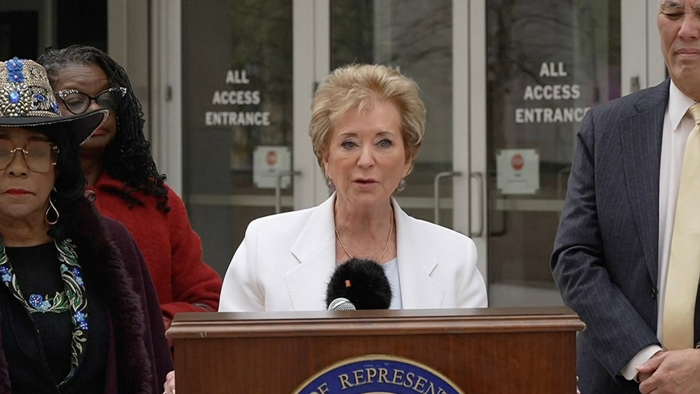 Education Secretary Linda McMahon speaking to press