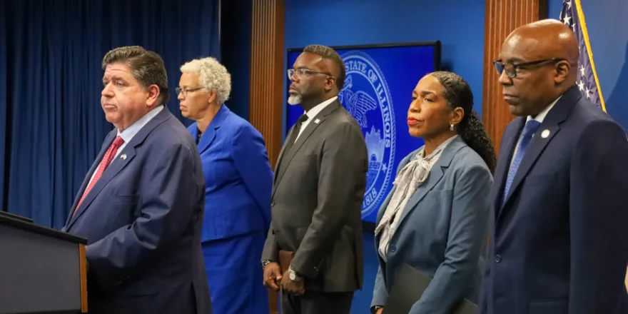 j.b. pritzker speaking to reporters