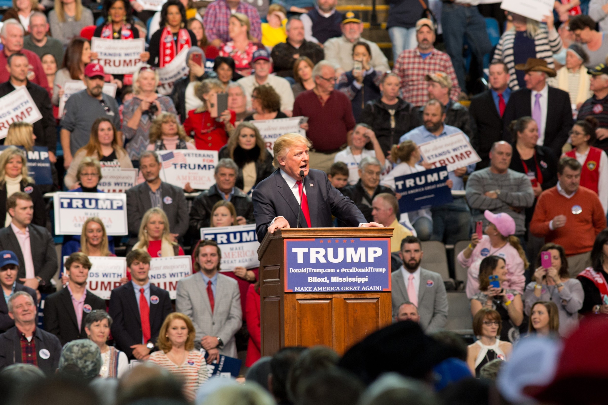 Donald Trump making a statement or engaging with a crowd
