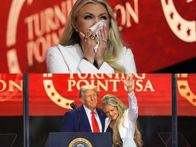 Erika Kirk, Charlie Kirk's widow, wiping tears from her eyes as she accepts the Presidential Medal of Freedom from President Donald Trump in the Rose Garden. October 14, 2025.