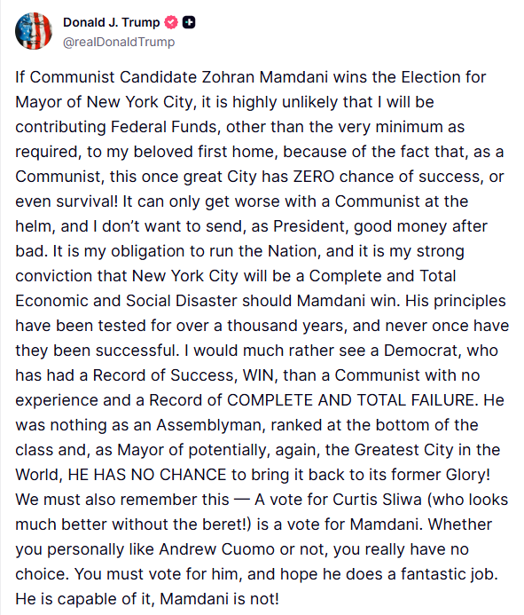 truthsocial screenshot mamdani